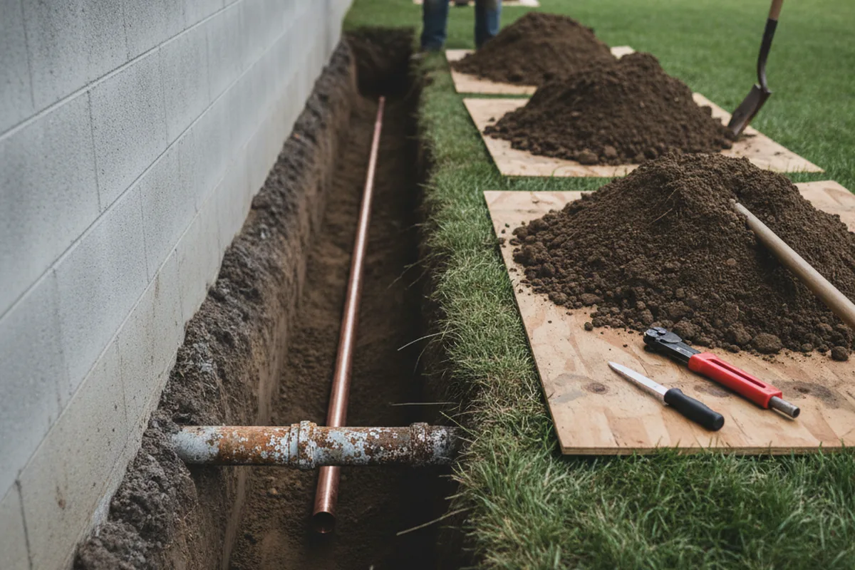 Excavated water line trench during Sewer Line Repair in Elkton